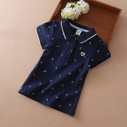 Children Polo Shirts Summer Short Sleeved Baby Girls Print Tee Top Shirt School Clothing 4T-12T Kids Cotton Tshirts