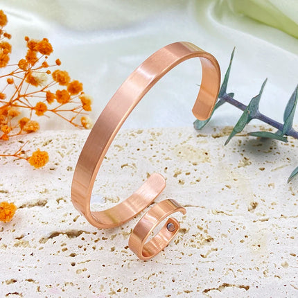 Set Pure Copper Bracelets and Rings for Women Men Simple Cuff Magnetic Bangles Arthritis Health Solid Copper Jewelry