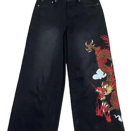 Dragon Graffiti Embroidery Dark Blue Loose Wide Leg Distressed Jeans Y2K High Waist Men Women Vintage Casual Daily Streetwear