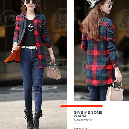 Thickened Fleece Women's Long Sleeve Shirt Warm Slim Fit Midi Length Plaid Korean Style Fashionable Women's Button-up Top