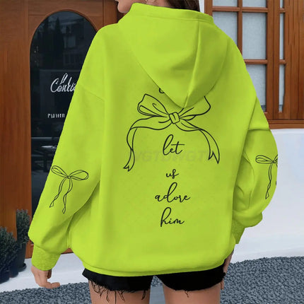 Coquette Bow Print Bible Verses Hoodies "Come Let Us Adore Him" Hoodie Fashion Women Vintage Fun Christian Jesus Hoody
