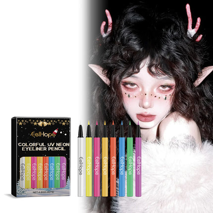 8 Color Christmas Neon UV Luminous Eyeliner Pen Set Glitter Makeup Eye Liner Pencil Tool Waterproof Sweatproof Body Face Makeup