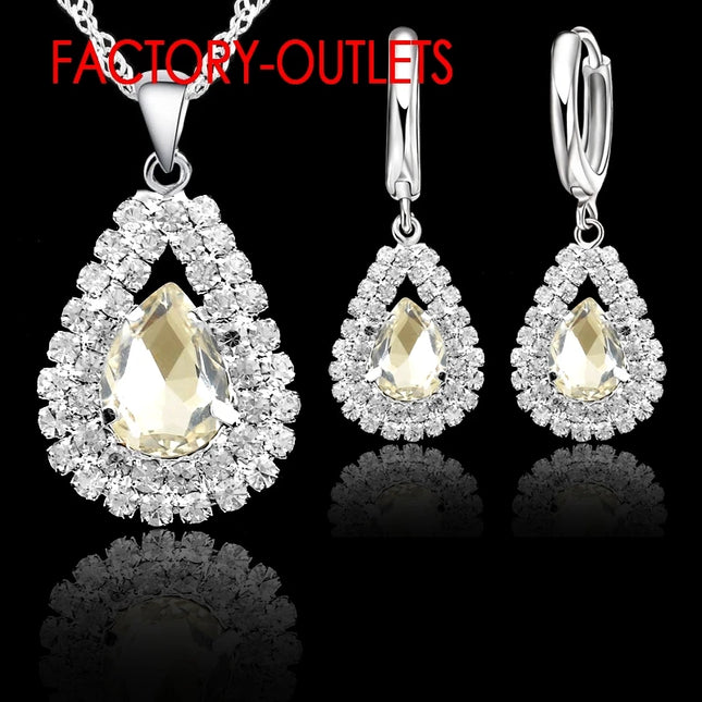 Hot Sale Genuine 925 Sterling Silver Bridal Jewelry Sets Shiny Crystal Water Drop Necklaces Hoop Earrings Women Party Engagement