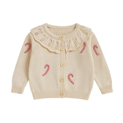 Toddler Girl Christmas Knit Sweater Cardigan Long Sleeve Ruffled Round Neck Button Down Candy Cane Embroidery Sweater