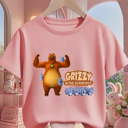 Hot Cartoon Grizzy and the Lemmings T-Shirt 3-14Y Boys Girls Summer Cute Kawaii Fashion Street Casual Crew Neck