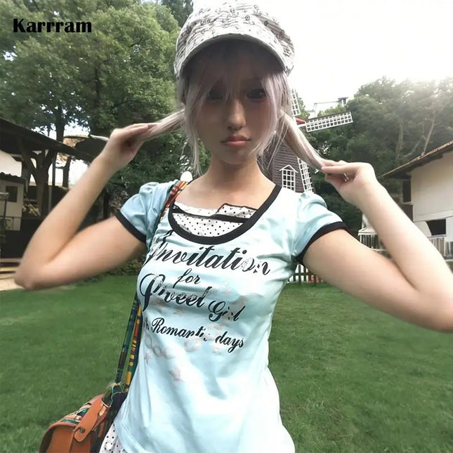 Karrram Japanese Y2k Letter Print T-shirt 2000s Style Fake Two-piece Tops Vintage Harajuku Cutecore Tshirt Lolita American Retro