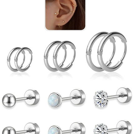 6 Pairs Earring Sets for Multiple Piercings Small Huggie Hoop Earrings Flat Back Tiny Ball CZ Opal Pearl Stud Earrings for Women
