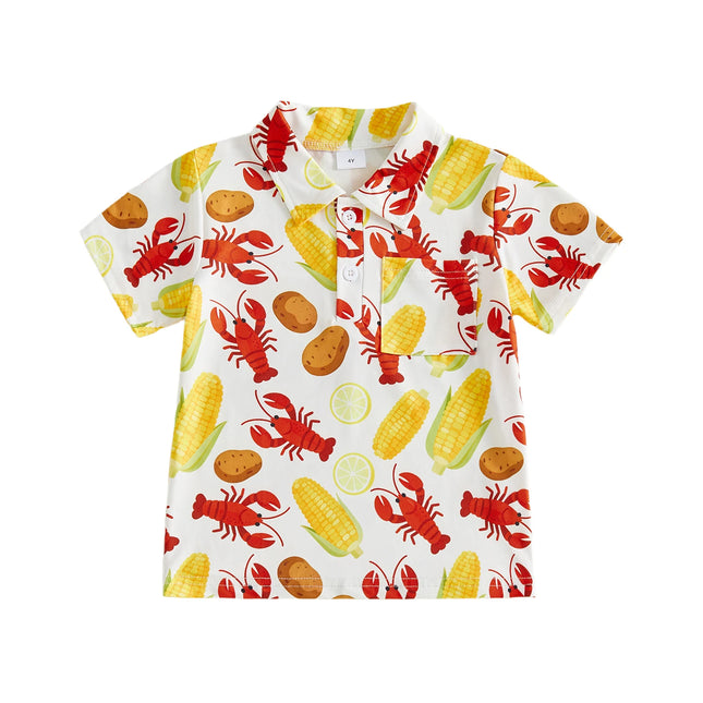 Little Boys Shirts Short Sleeve Lapel Collar Crayfish Corn Print Casual Summer Tops