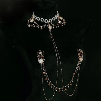 Pearl Heart-Shaped Nipple Clip Body Chain Collar Rhinestone Butterfly Pendant Chest Restraints Sexy Accessories for Women Sextoy