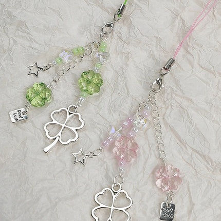 Y2K Lucky Four Leaves Clover Heart Key Ring Green Leaf Star Key Chain Cases for Phone Camera Korean Cute Beaded Couple Keychain