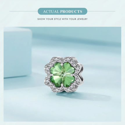Bamoer 925 Sterling Silver Green Transparent Clover Beads The Tree of Life Family Pendant Plant Charms for Women Necklace DIY