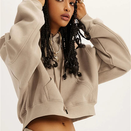 Fashion Loose Hoodies Women Autumn Winter Long Sleeve Crop Top Streetwear Solid Drawstring Hooded Shirt Casual Female Sweatshirt
