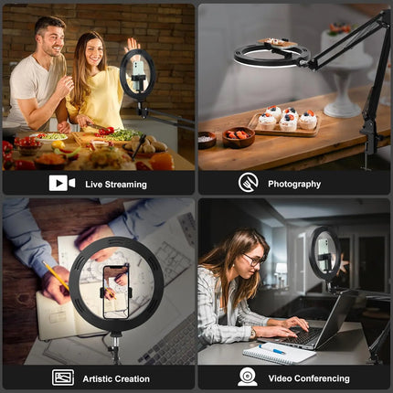 Ring Light Overhead Phone Mount LED Selfie Light with Stand and Phone Holder，LED Desk Light for Video Recording, Live Streaming