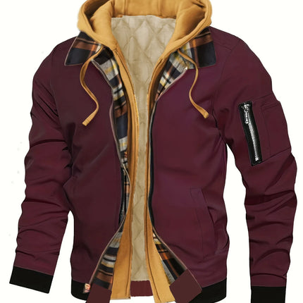 Spring Autumn Men's Hooded jacket, Fake 2-piece Design, Checkered Lining, Multiple Pockets, Warm and Casual, Suitable For Flying