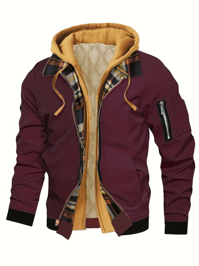 Spring Autumn Men's Hooded jacket, Fake 2-piece Design, Checkered Lining, Multiple Pockets, Warm and Casual, Suitable For Flying