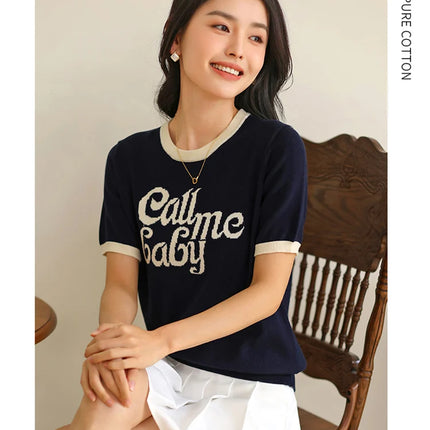 New women's short-sleeved 100% cotton knitted O-neck women's T-shirt Korean version fashionable hot selling top