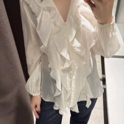 ETJ 2025  Women's Spring collection Beautiful Layered blouse Stylish sexy translucent ruffled V-neck long-sleeved shirt