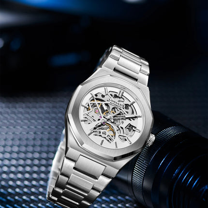 LONGLUX Men Automatic Watch Special Tough Guy Waterproof Skeleton Mechanical Watches Trend Alien Stainless Steel Gift Watch