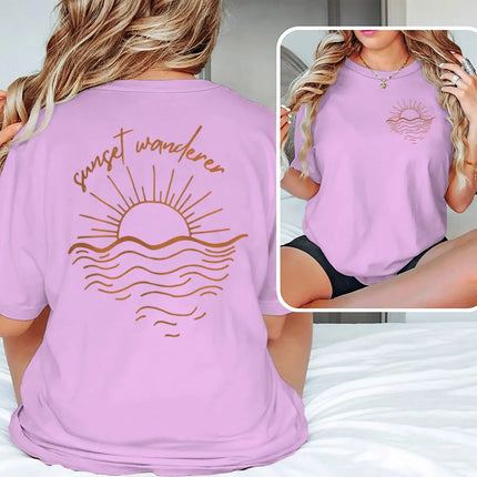Beach Sunset Graphic T Shirts Women Men Beach Sunset Design Casual Tops Tees Tropical Beach Short Sleeve T-shirt