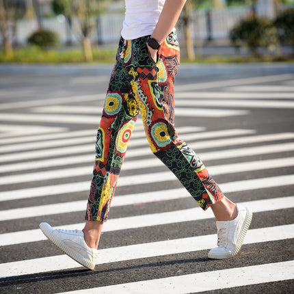 Summer New Men Thin Flower Pants 2024Teen Fashion High Street Lace-Up Ankle-Length Trousers Size 6XL-M