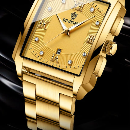 BINBOND Luxury Quartz Watch for Men Golden Square Large Dial 30M Waterproof Leather Strap Wrist Watches Date Display Men's Watch