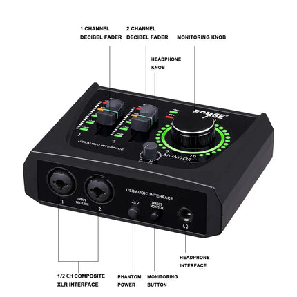 BOMGE 22M Audio Interface Sound Card console Mini USB Mixer for Guitar Recording Studio Singing for Guitar Podcasting Recording