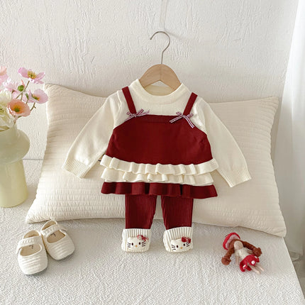 Autumn and winter girl sweater set, faux two-piece overalls knit top + two-piece knit leggings sweet knit set