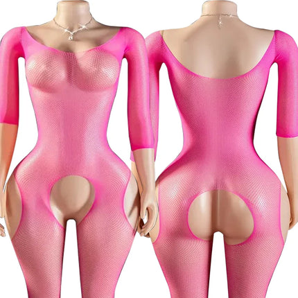 One Piece Crotchless Babydolls For Sexy Lingerie Women Long Sleeve Bodystocking Mesh Hollow Babydoll Dress Rose Erotic Underwear