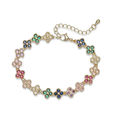 HECHENG, Colorful Flower CZ Stone Copper Metal Bracelet/Necklace with Lobster Clasp, Adjustable, Minimalist Romantic Jewelry