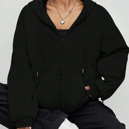 New Solid Zipper Hoodie Women Warm Fleece Hoodies Autumn Casual Hoody Street Pocket Sportswear Oversized All-Match Female Veste