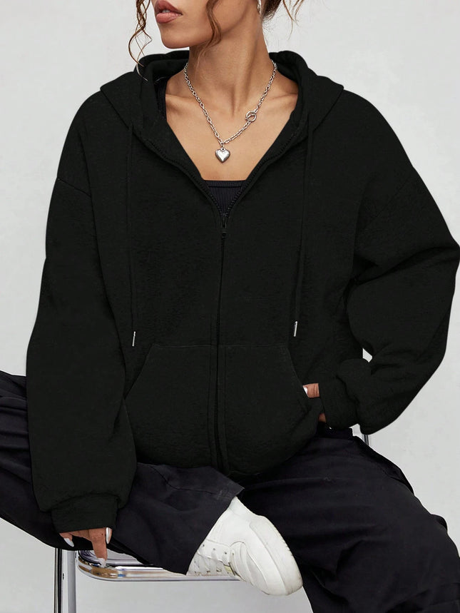 New Solid Zipper Hoodie Women Warm Fleece Hoodies Autumn Casual Hoody Street Pocket Sportswear Oversized All-Match Female Veste