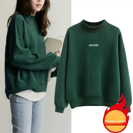 Women's Fce-Lined Hoodie Loose Fit High Ne Letter Print Top Korean Sle Autumn Winter New Arrival Student Faion