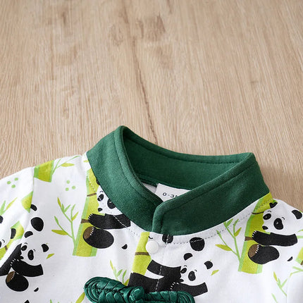 Baby's New Chinese Style Jumpsuit With Pure Cotton Buckle Design And Panda Print Baby Spring And Autumn Clothes