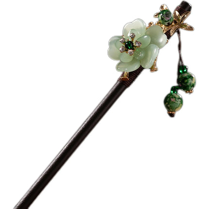 Elegant Chinese Style Wooden Hairpin Imitation Jade Flower Tassel Hair Stick Exquisite Handmade Girls Hair Accessories Hair Clip