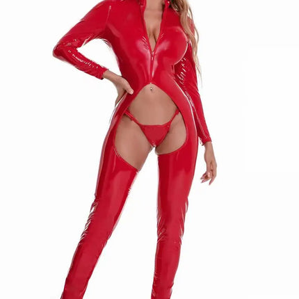 Sexy Glossy Leather Woman Full Bodysuit Open Crotch Bandage Leotard Hollow Out Show Hips Erotica Lingerie Intimate Clothes Sex