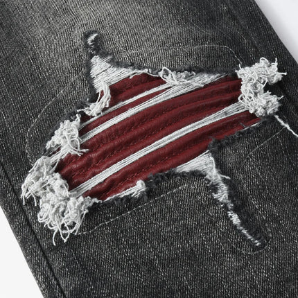 Men's Fashionable Black/Gray Jeans with Pleats Nostalgic Perforations Red Patches Washed Water High Street Style