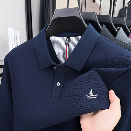100% Pure Cotton Men's New Long Sleeve Polo Spring Business Golf Versatile Luxury Comfortable Delicate Sailboat Embroidered Top