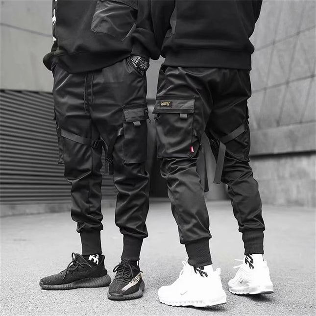 Men's Cargo Pants Casual Hip Hop Hit Color Multiple Pockets Trousers Streetwear Black Punk Ribbons Techwear Sweatpants Boys