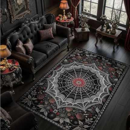 Gothic Spiderweb Carpet - Gothic Witchy Halloween Room Decor Black Red Area Rug Living Room Bedroom Decor Rug Washable
