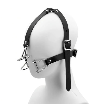 Leather-and-Metal Head-Mounted Mouth Gag with SM Training Features Alternative Control Nose Hook Integrated Mouth Expander Sex