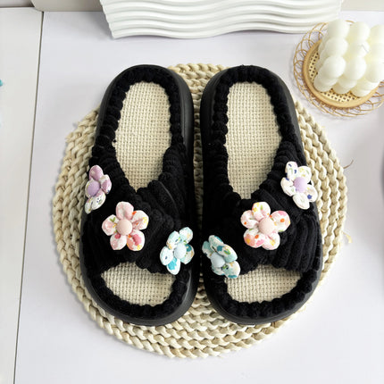 2024 Autumn Winter New Women Home Slippers Open-Toe Cross Band Linen Soled Indoor Slides Linen Soled Non-Slip Bathroom Slippers