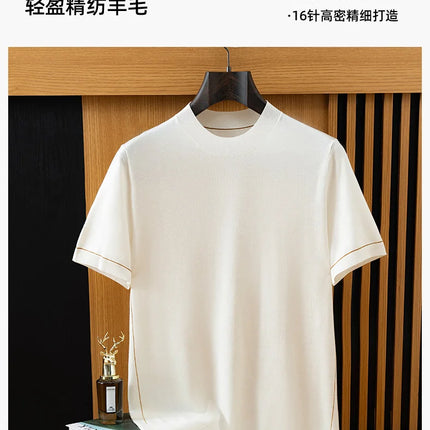 2026 Spring/Summer New Men's Short Sleeved 100% Wool T-Shirt Sweater O-neck Solid Color Loose Knit Pullover Business Casual Tops