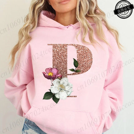 Rose Gold Letter A~Z Printed Women's Sweatshirts Hoodie Fashion Women Hooded Hoodies Casual Harajuku Streetwear Pink Clothing