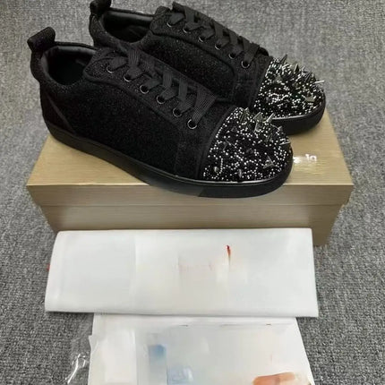 CL Red Bottom Fashionable Embroidered Men's Fur Slip-On Shoes, Black Casual Cross-Border Leather Upper, All Seasons Wear