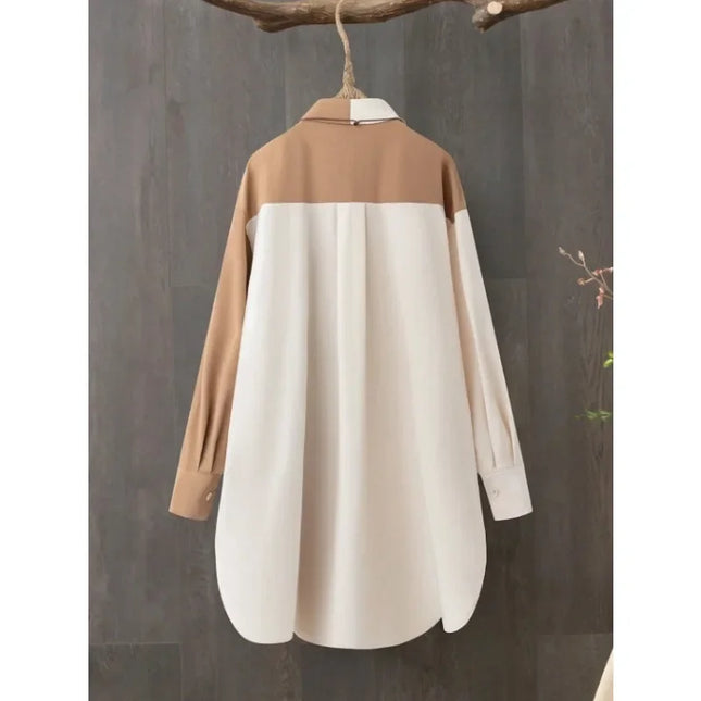 Plus Size Women's Patchwork Shirt with Lapel Collar Ladies Casual Long Sleeves Blouse New Shirt Top