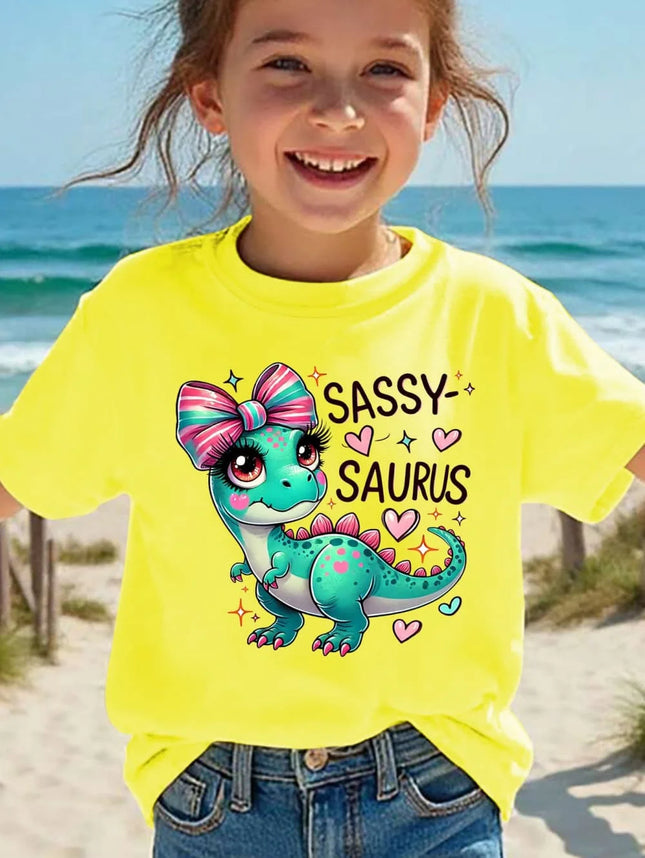 Girls' Kawaii Cartoon Dinosaur Graphic T-Shirt Cute Pink Bow Hearts Print T-Shirt Kids Short Sleeve Tee Y2k Children's Clothing