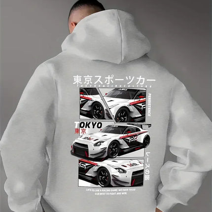 Men's new fashionable car printed casual street style hooded sweatshirt, sports shirt, warm and comfortable top