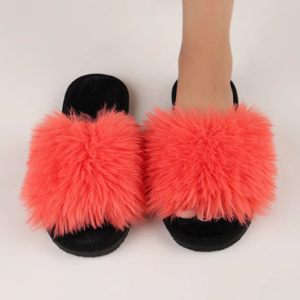 Women's Plush Faux Fur Slippers Winter House Carpet Fluffy Sandals Spring Autumn Outdoor Walking Open Toe Flip Flops