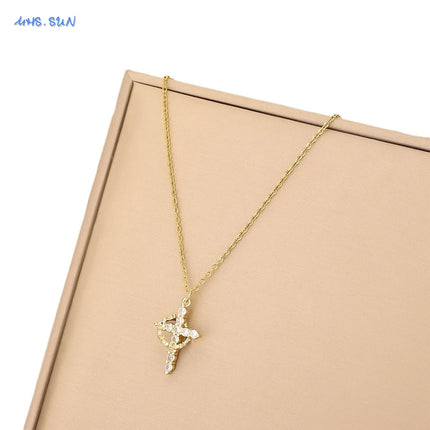 SUNSLL Cubic Zircon Rotatable Crown Cross Pendant Necklaces Classic Stainless Steel Chain Banquet Party Jewelry For Women Men