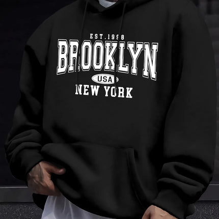Men's autumn and winter casual fashion loose Brooklyn New York letter printed long sleeved hooded sweatshirt warm pullover